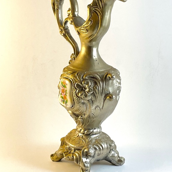 Vintage Spelter French Style Urn/Ewer with Porcelain Floral Medallion - Picture 4 of 14